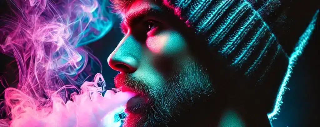 A bearded man in a beanie exhales colorful vapor from an e-cigarette against a vibrant, smoky background. Berry good Vibes E-Liquid.