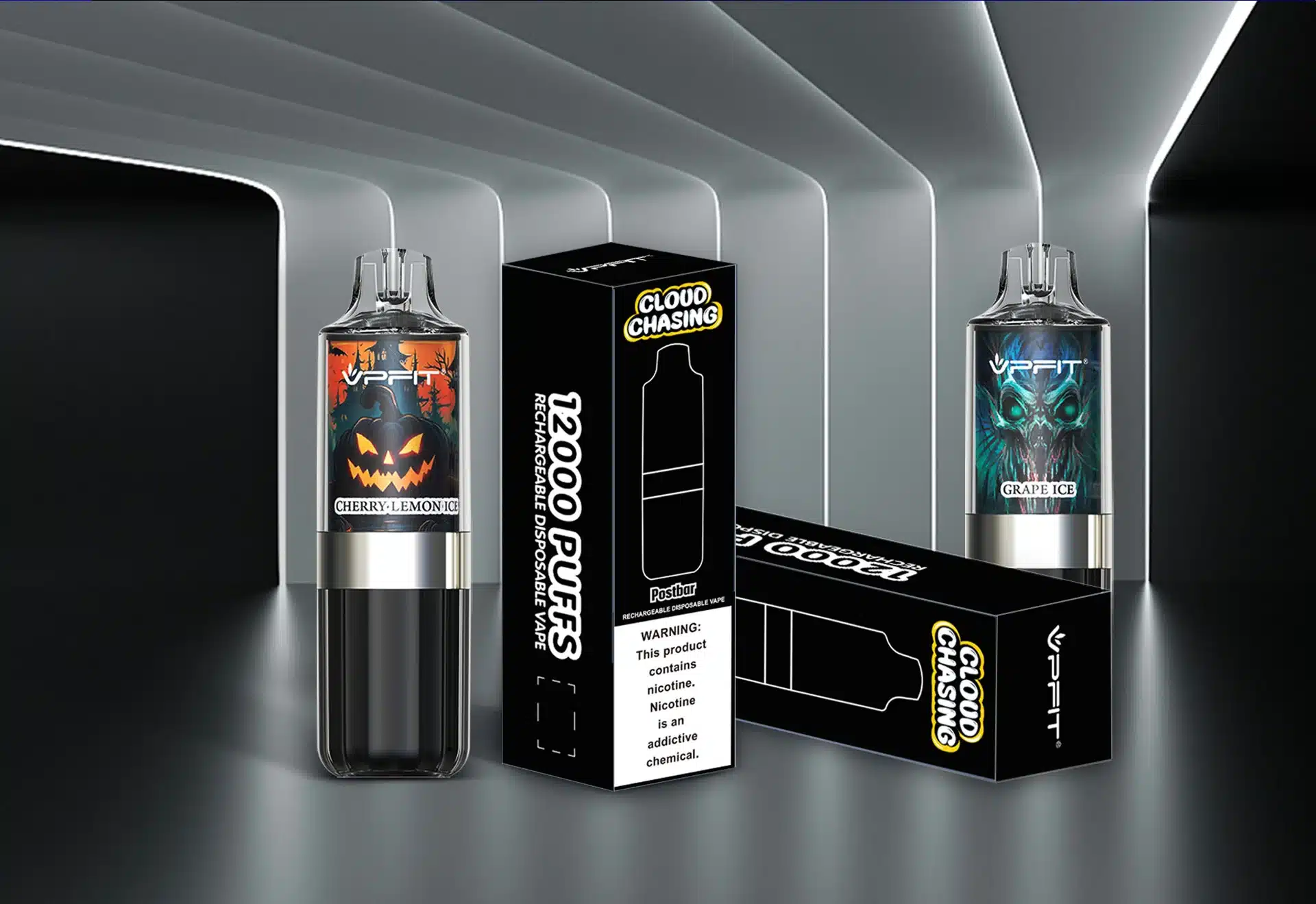 Berry good Vibes E-Liquid, One Love E-Liquid, [Product Name 3] E-Liquid, and [Product Name 4] E-Liquid. Three vape devices and a vape box with bold "12,000 PUFFS" text in a futuristic, neon-lit hallway.